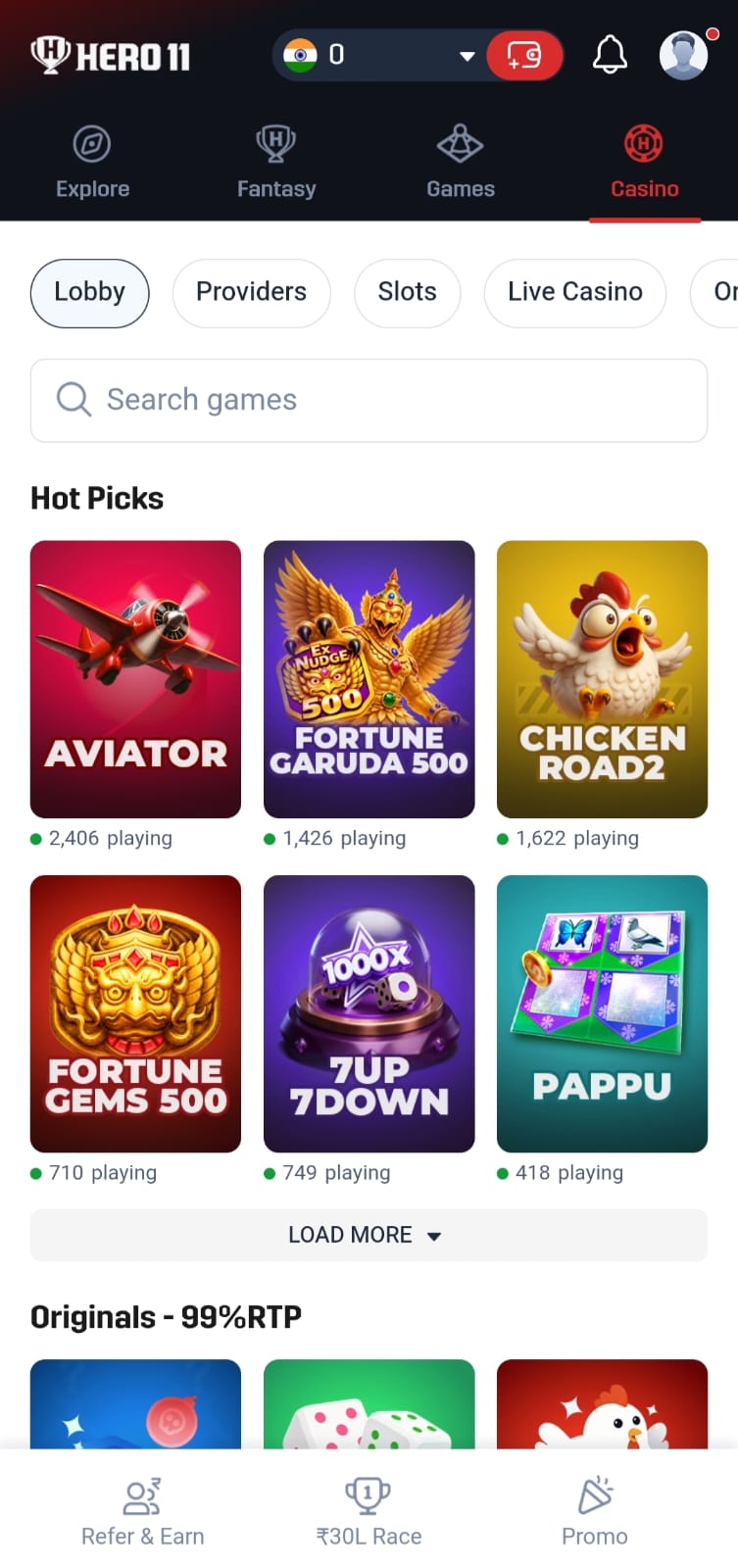 Casino tab with Lobby selected, a search field, and Hot Picks above Originals.