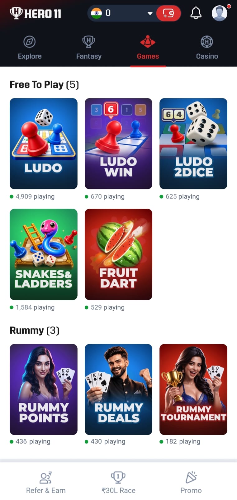 Games tab titled Free To Play, with five tiles and a Rummy row.